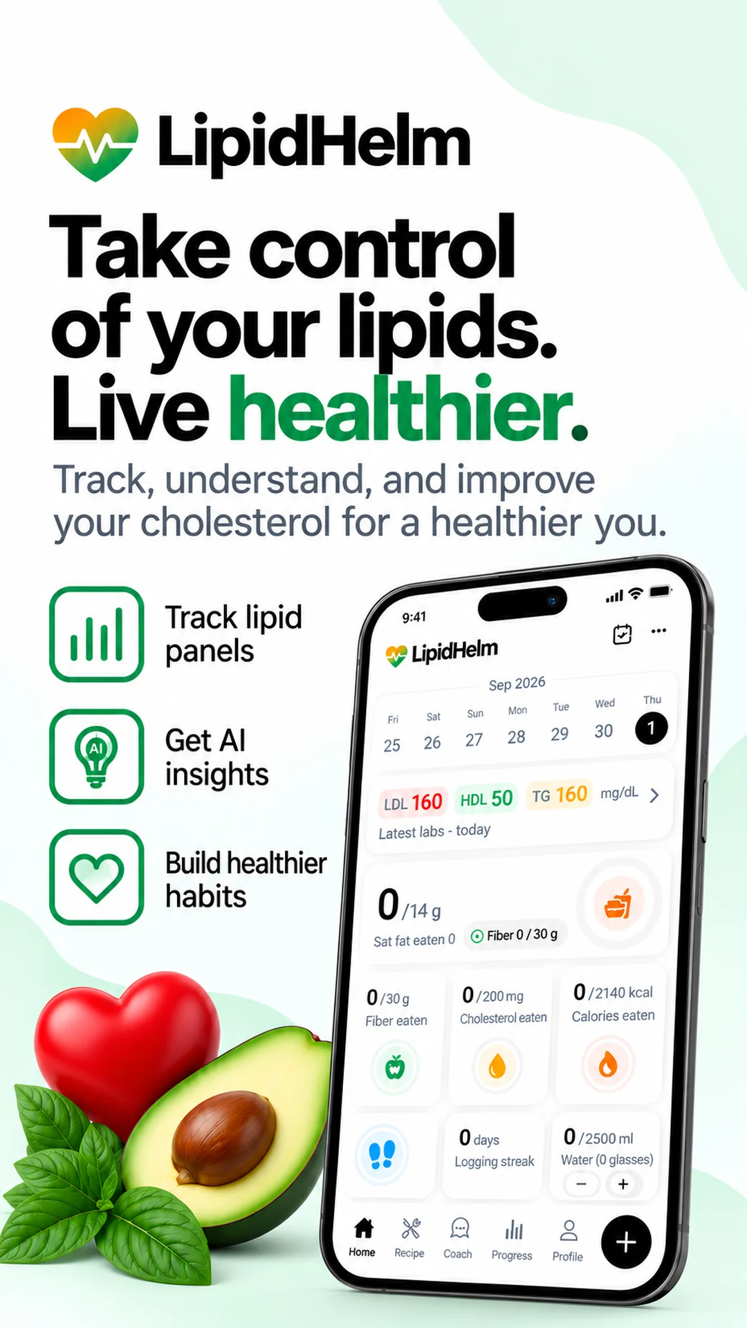 Preview titled 'Take control of your lipids. Live healthier.': the LipidHelm home screen, with lipid panels, AI insights and healthier habits