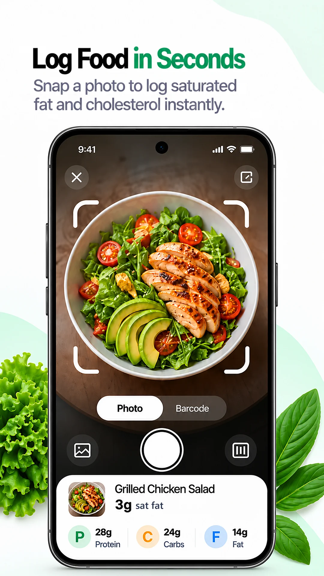 Preview titled 'Log Food in Seconds': the meal camera over a grilled chicken salad, logged with 3 g of saturated fat