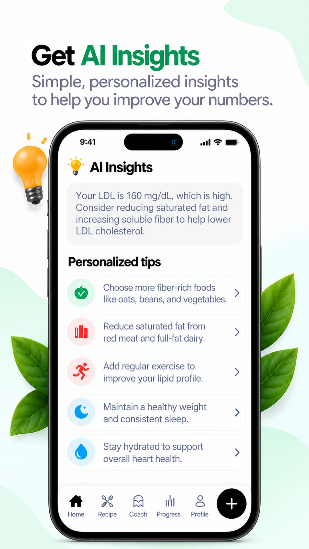Preview titled 'Get AI Insights': personalized tips such as more fiber-rich foods and less saturated fat