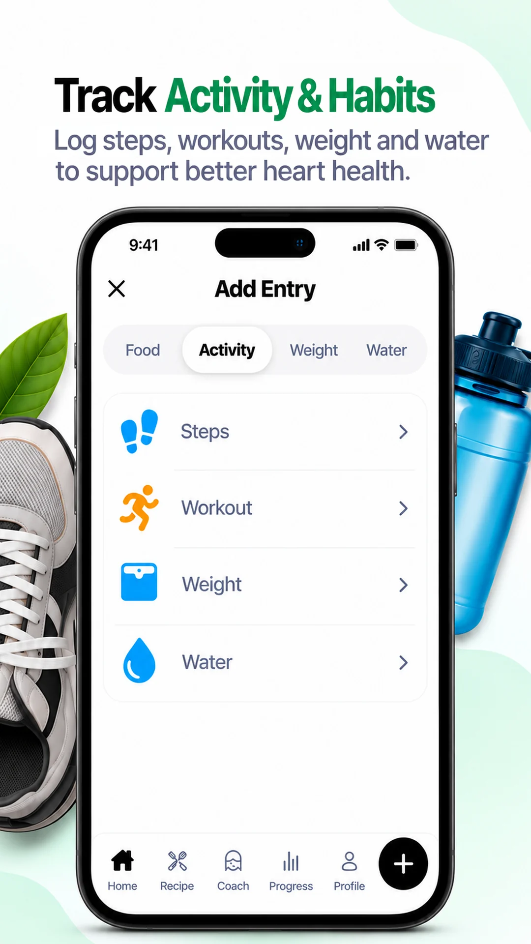 Preview titled 'Track Activity & Habits': logging steps, workouts, weight and water
