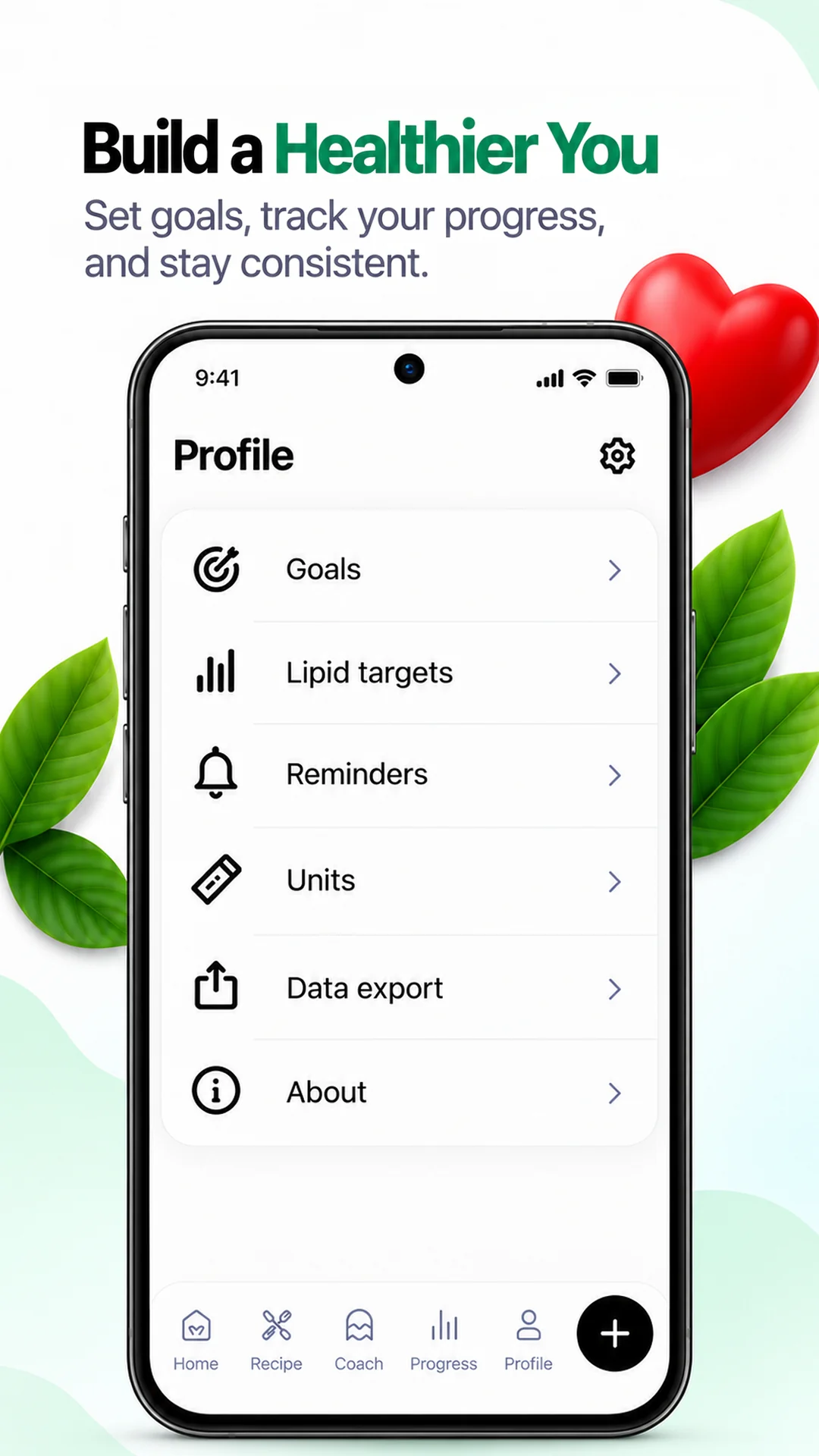 Preview titled 'Build a Healthier You': the Profile screen with goals, lipid targets, reminders and units